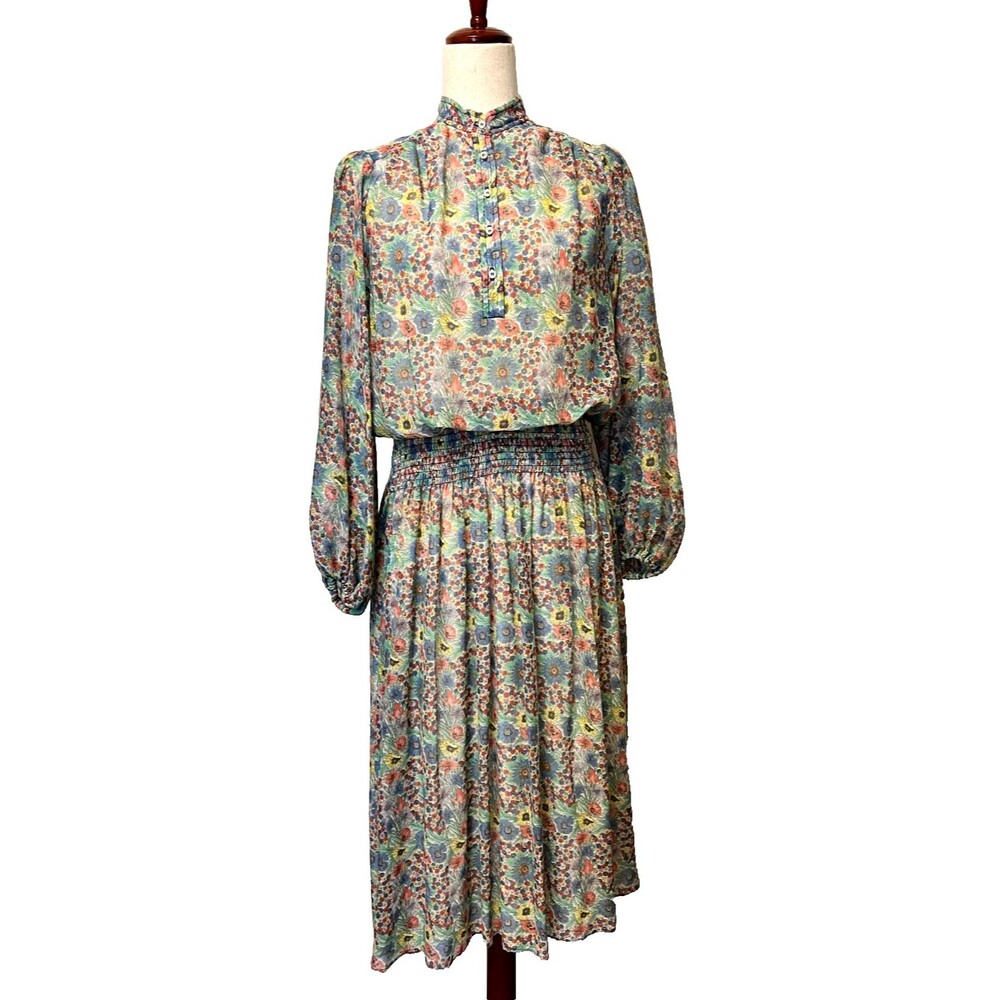 VTG Jonathan Logan Sz 11/12 Chiffon Dress Floral Cottagecore Prairie High Neck